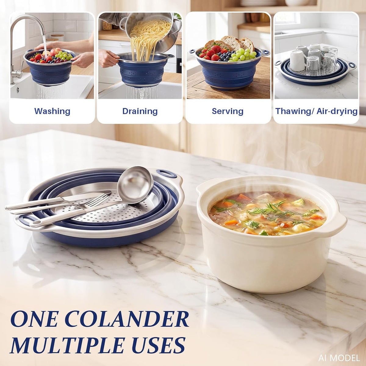 Collapsible Colander Set with Silicone Mat,2-in-1 Stainless Steel Colander for Kitchen, Foldable Metal Colander, Space-Saving for Pasta Veggies Fruit(NAVY BLUE)
