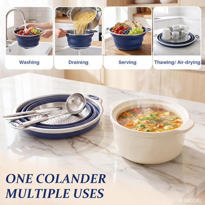 Collapsible Colander Set with Silicone Mat,2-in-1 Stainless Steel Colander for Kitchen, Foldable Metal Colander, Space-Saving for Pasta Veggies Fruit(NAVY BLUE)