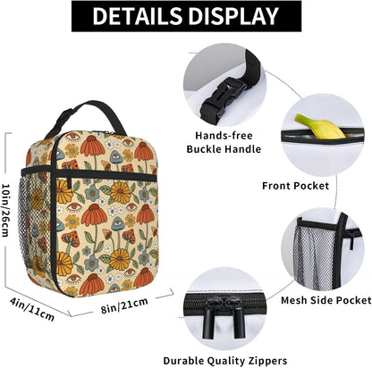70s Retro Mushroom Floral Insulated Lunch Bag Reusable Cooler Lunch Box Portable Leakproof Thermal Container Tote Bags for Girls Boys School Travel