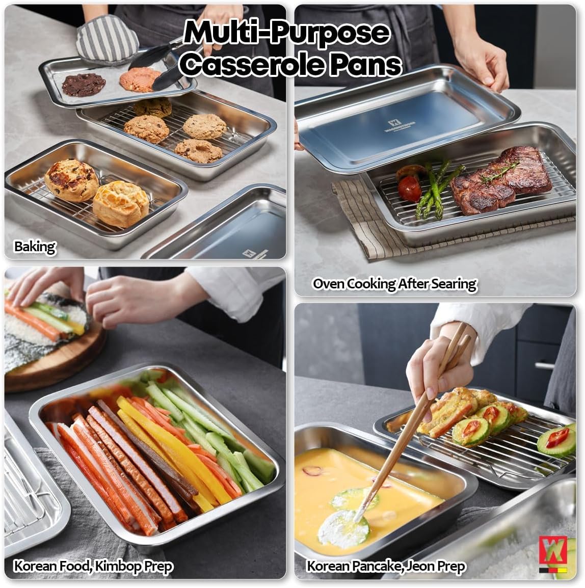 Stainless Steel Food Prep Container with Rack & Lid (Tray), 4.54Quarts, Catering Pans, Restaurant Pans, Buffet Party pan, Roasting Pan with Rack, Bakeware Roaster, Casserole (1307 / No7)