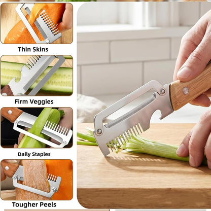 3 in 1 peeler and slicer tool, Serrated Peeling Knife Premium Vegetable Peeler, Multi-function Stainless Steel Thickened Fruit PeelersWooden Handle and Bottle Opener for Fruits and Vegetables (1)