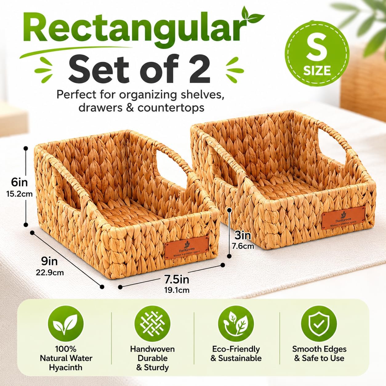 Storage Baskets for Shelves Set of 3, Open-Top Wicker Baskets with Handles, Shelf Organizer Baskets for Pantry, Closet & Bathroom, Water Hyacinth Storage Baskets with Tissue Box Cover