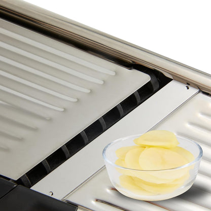 Restaurantware Stainless Steel Adjustable Mandoline Slicer - German Standard Vegetable Slicer with Blade Guard, Includes Cut-Resistant Gloves - Food Slicer for Potato, Onions, Cucumbers, Tomato