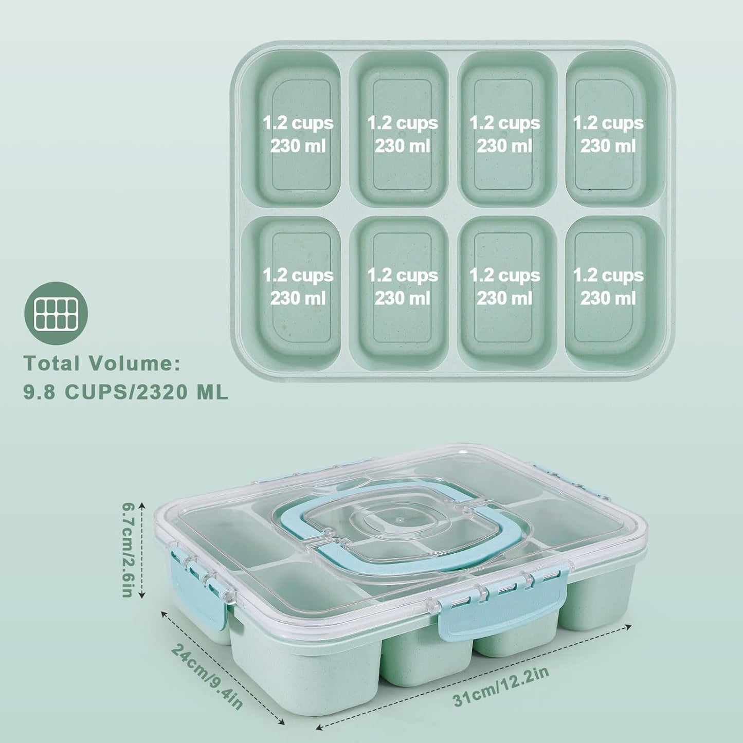 Snackle Box Container, Large 8-Compartment Divided Serving Tray with Lid and Handle, Portable Snack Tray for Travel Party Beach Picnic, Dishwasher Safe, BPA-Free, Wheat Straw