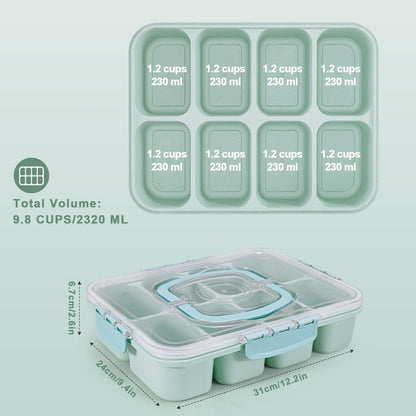 Snackle Box Container, Large 8-Compartment Divided Serving Tray with Lid and Handle, Portable Snack Tray for Travel Party Beach Picnic, Dishwasher Safe, BPA-Free, Wheat Straw