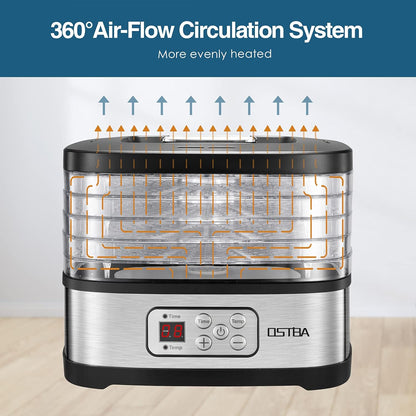 OSTBA Food Dehydrator Machine Adjustable Temperature & 72H Timer, 5-Tray Dehydrators for Food and Jerky, Fruit, Dog Treats, Herbs, Snacks, LED Display, 240W Electric Food Dryer, Recipe Book