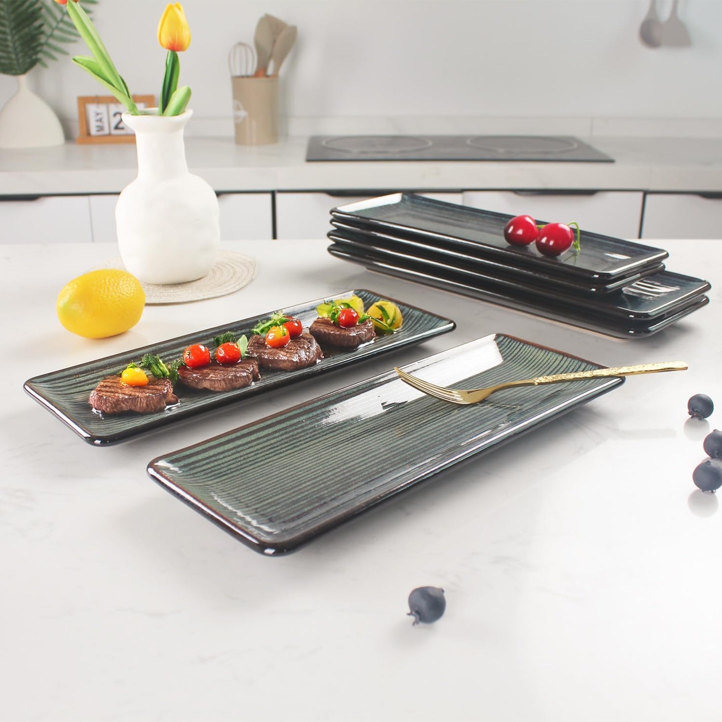 Porcelain Rectangular Plates, Large Cookie Trays, Set of 4, Shatterproof, Dishwasher-Safe, Perfect for Sushi, Baguettes, Snacks, Appetizers, Rolls, or Table Centerpieces.
