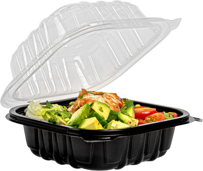 Thermo Tek 40 Ounce Clamshell Containers, 50 Disposable Take Out Boxes - 3 Compartments, Ventilated Lids, Black Plastic Meal Prep Containers, Microwavable, For Pasta Or Salads - Restaurantware