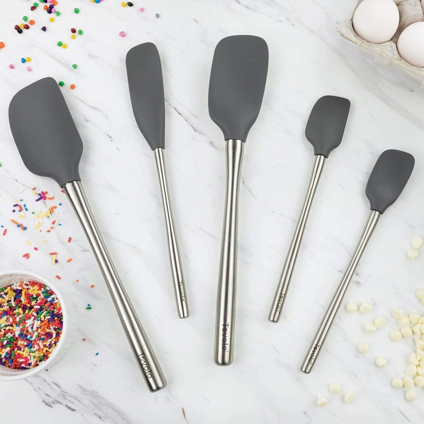 Tovolo Flex Core 5 Piece Silicone Spatula Set Heat Resistant All Silicone Utensils Include Non Stick Spatula Spoonula Jar Scraper, Dishwasher Safe BPA Free Spatulas for Baking Mixing, White