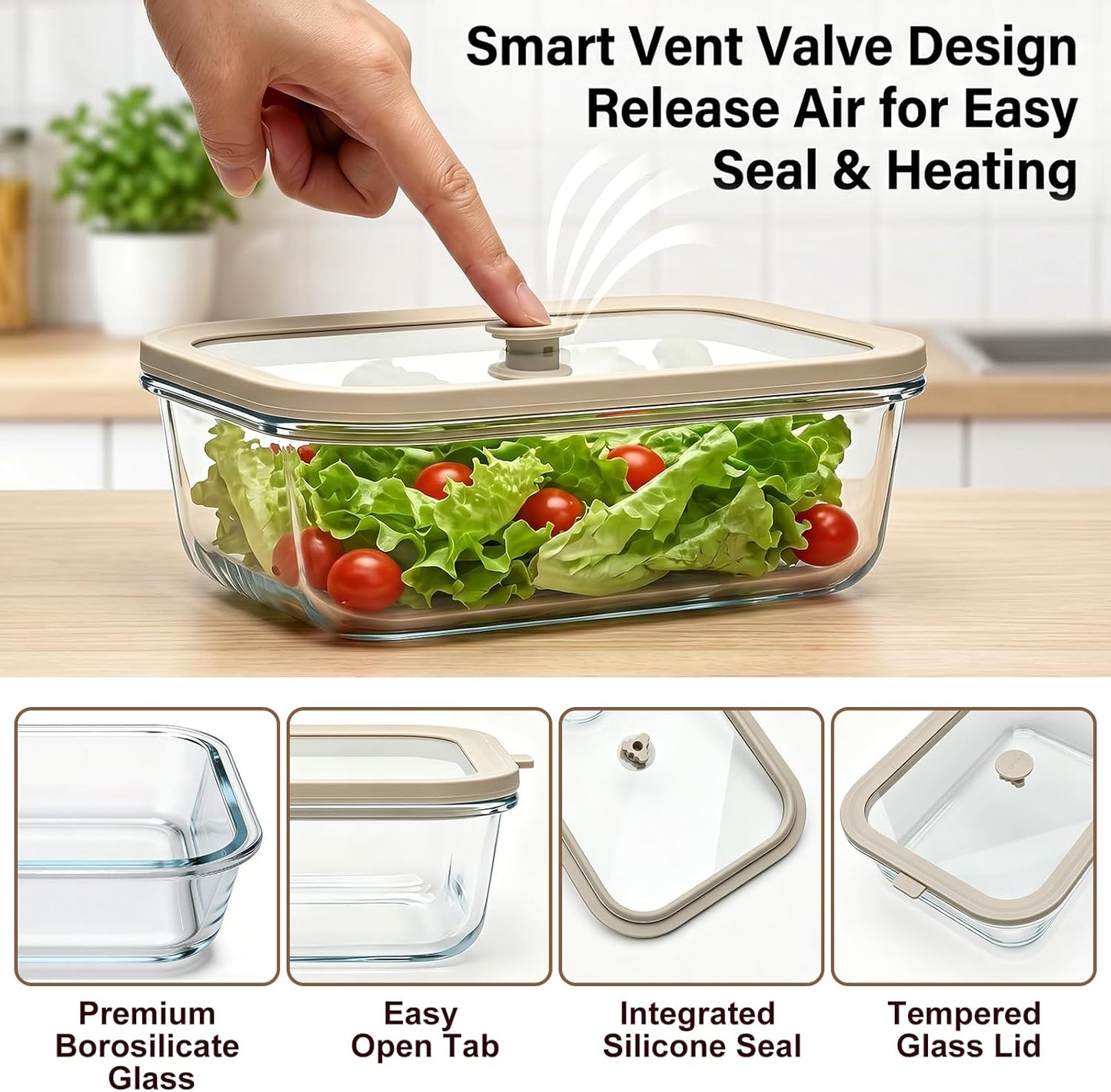 5 Pack 35 oz Glass Meal Prep Containers, Plastic-Free Glass Food Storage Containers with Lids, 4.4 Cups Airtight Glass Lunch Containers for Leftovers, Microwave, Oven, Freezer and Dishwasher