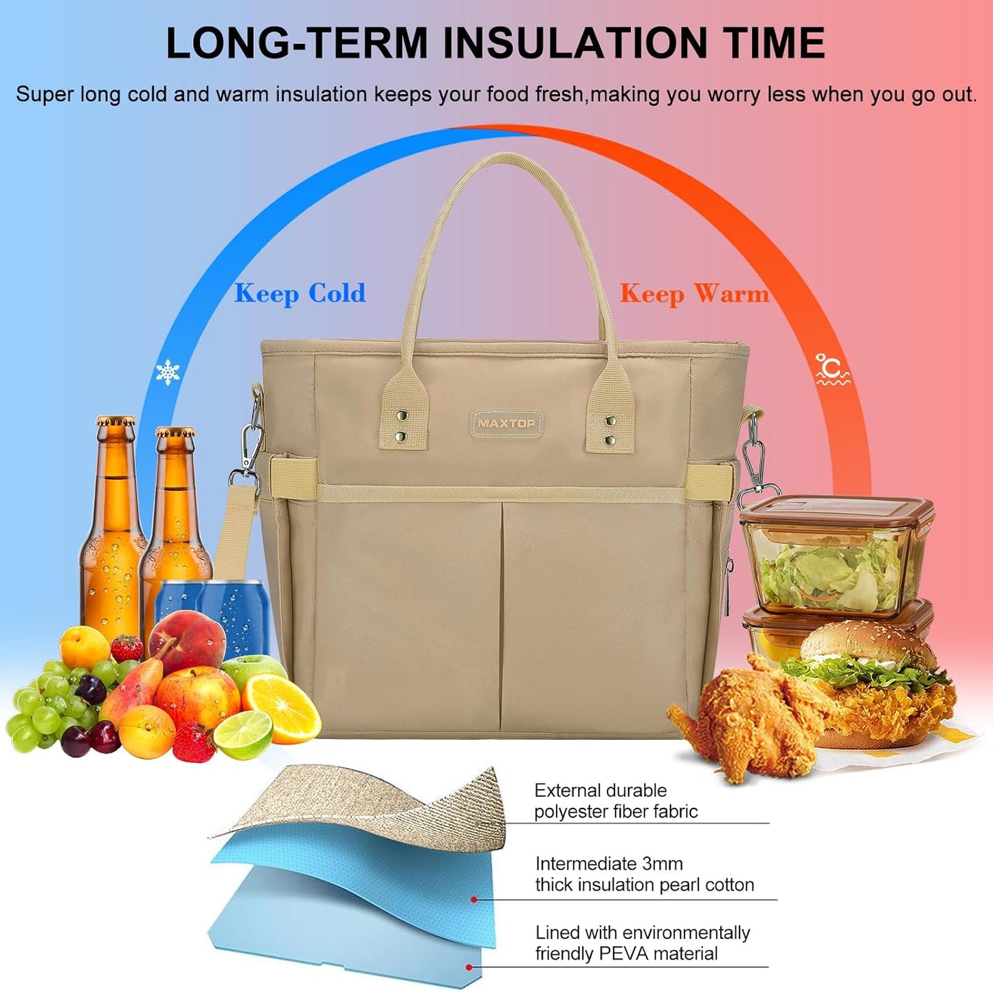 MAXTOP Lunch Bag Women for Work Insulated Thermal Lunch Box for Men with Wide-Open Pocket Reusable Leakproof Cooler Bags with Removable Shoulder Strap for Teacher Nurse Office Picnic Travel Black