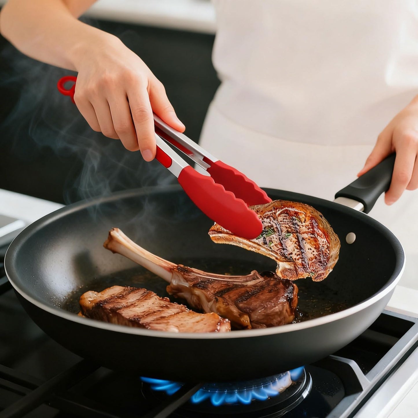Tongs For Cooking - Heat Resistant 600 Degrees Stainless Steel Kitchen Tong,Heavy Duty Metal Locking Tongs - Perfect for Food,Salad and BBQ set of 3 (7",9" and 12") Dishwasher (Red)