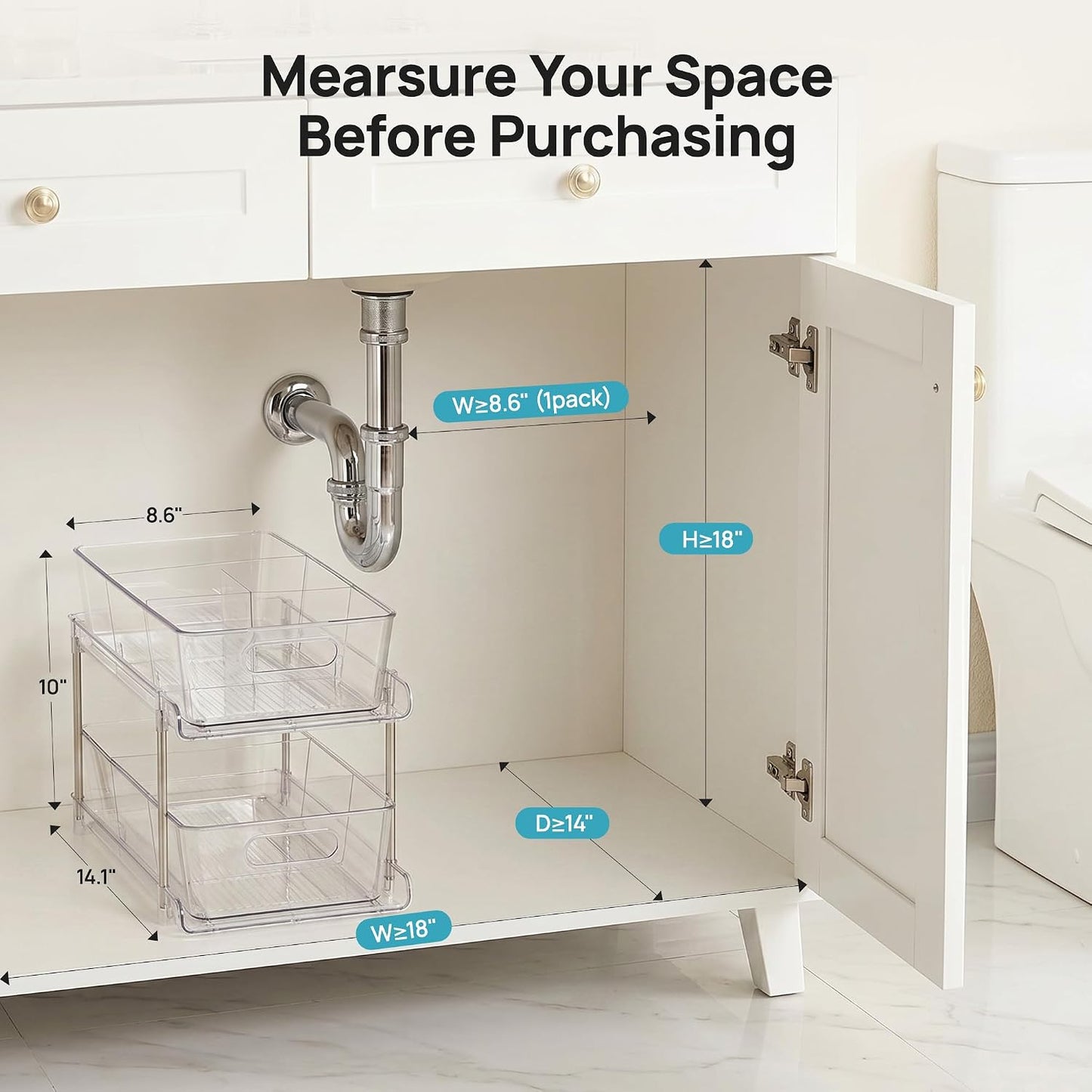 Vtopmart 4 Pack Bathroom Under Sink Organizers Organizer, 2 Tier Clear Pull-Out Organization (S-Standard)
