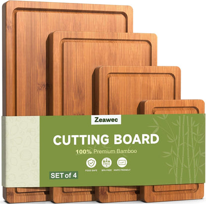 3-Piece Set Bamboo Cutting Board for Kitchen - Crack-Resistant Wood Chopping Boards with Deep Juice Grooves, Pre-Oiled Butcher Block for Meat, Vegetables & Cheese, Carbonized