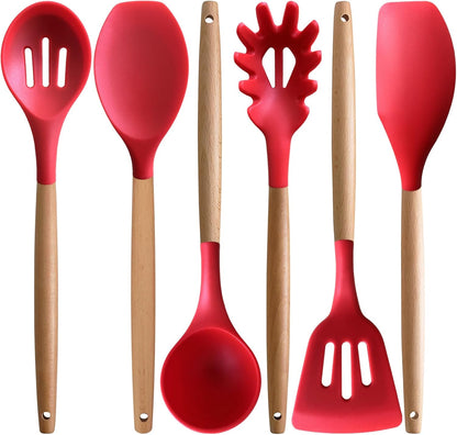 Kitchen Cooking Utensils Set, 6Pcs Silicone Kitchen Utensils Set Spatula Spoon Soup Ladle Turner, Heat Resistant Wooden Handle Silicone Cooking Gadgets for Nonstick Cookware & Baking BPA FREE