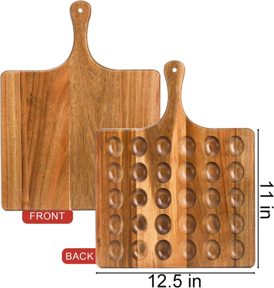 Okllen 30 Holes Reversible Wooden Deviled Egg Platter with Handle, Acacia Wood Deviled Egg Tray Charcuterie Board, Deviled Egg Holder, 17"x13"
