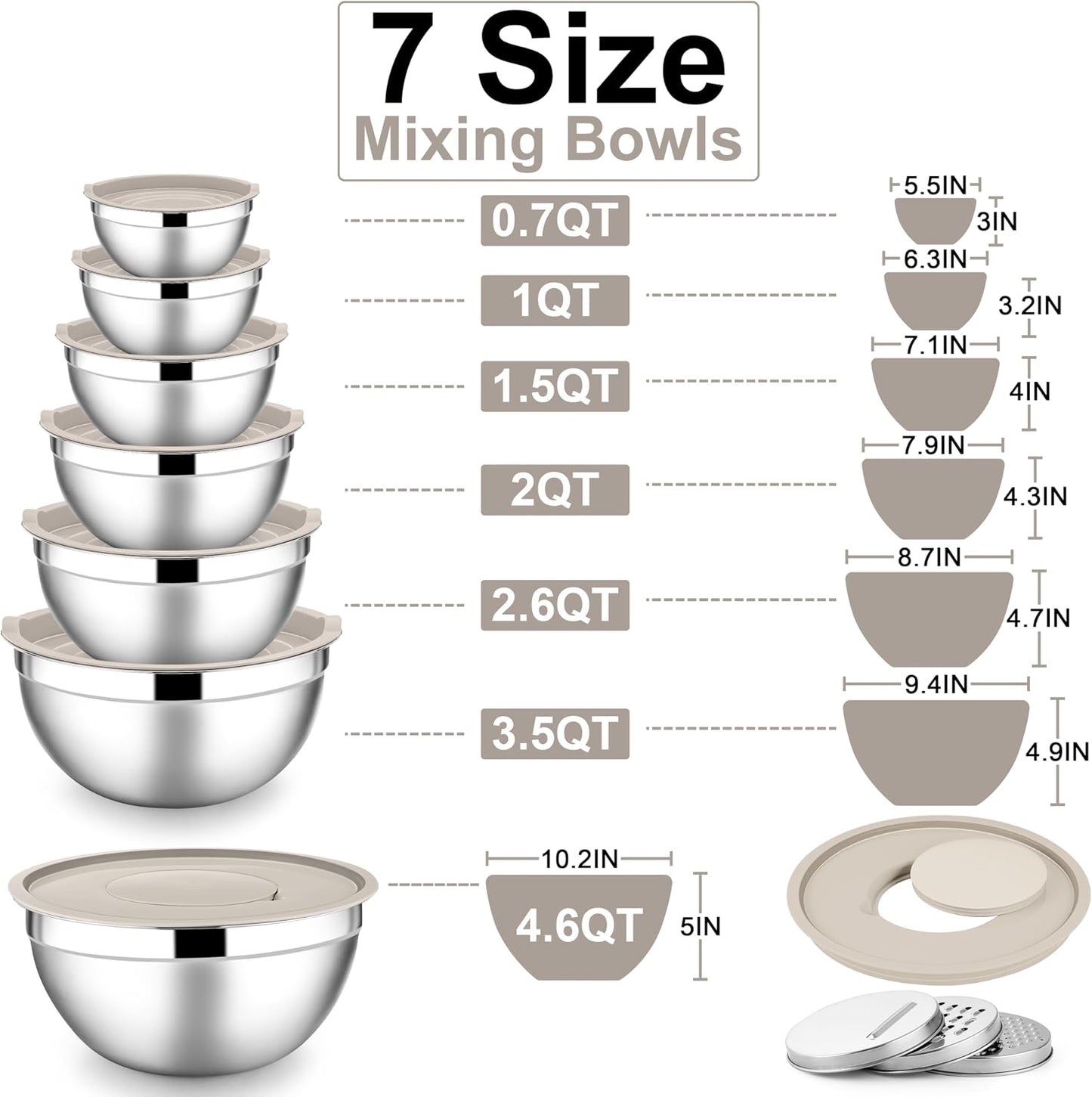 E-far Stainless Steel Mixing Bowls with Lids Set, 5-Piece Nesting Salad Bowls with 3 Grater Attachments and Non-Slip Bottoms, Size 4.6, 2.6, 2, 1.5, 1QT for Kitchen (Khaki)