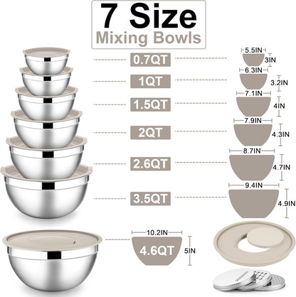 E-far Stainless Steel Mixing Bowls with Lids Set, 5-Piece Nesting Salad Bowls with 3 Grater Attachments and Non-Slip Bottoms, Size 4.6, 2.6, 2, 1.5, 1QT for Kitchen (Khaki)