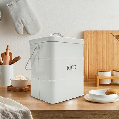 Metal Rice Storage Box, Square Rice Container with Lid and handle, Sealed Food Storage Bin for Kitchen, Countertop Organizer Jar for Rice Flour Soybean Grain Cereal-White