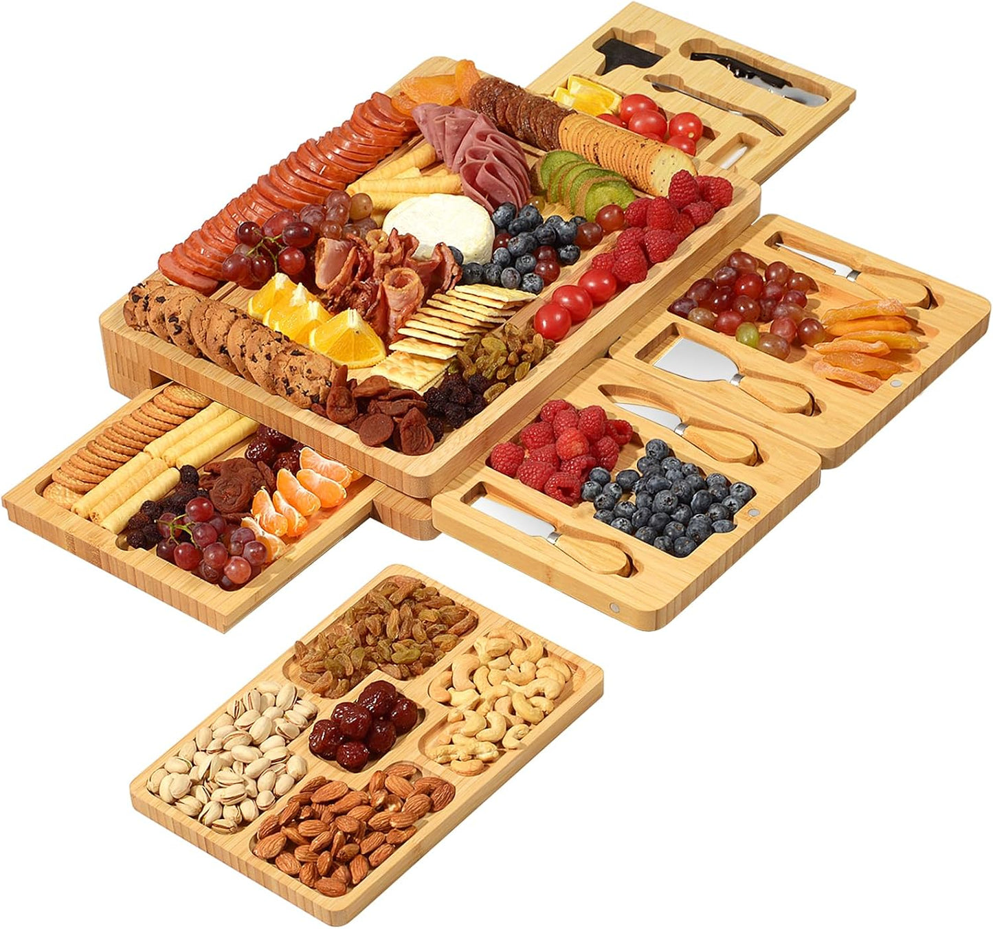 Bamboo charcuterie boards Gift Set - Serving Meat Cheese Board, Charcuterie Board Set with 4 Stainless Steel Cheese Knife, Ideal for House Warming Gifts New Home, Christmas, Bridal Shower Gift