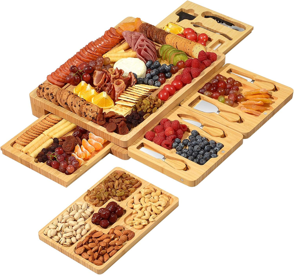 Bamboo charcuterie boards Gift Set - Serving Meat Cheese Board, Charcuterie Board Set with 4 Stainless Steel Cheese Knife, Ideal for House Warming Gifts New Home, Christmas, Bridal Shower Gift