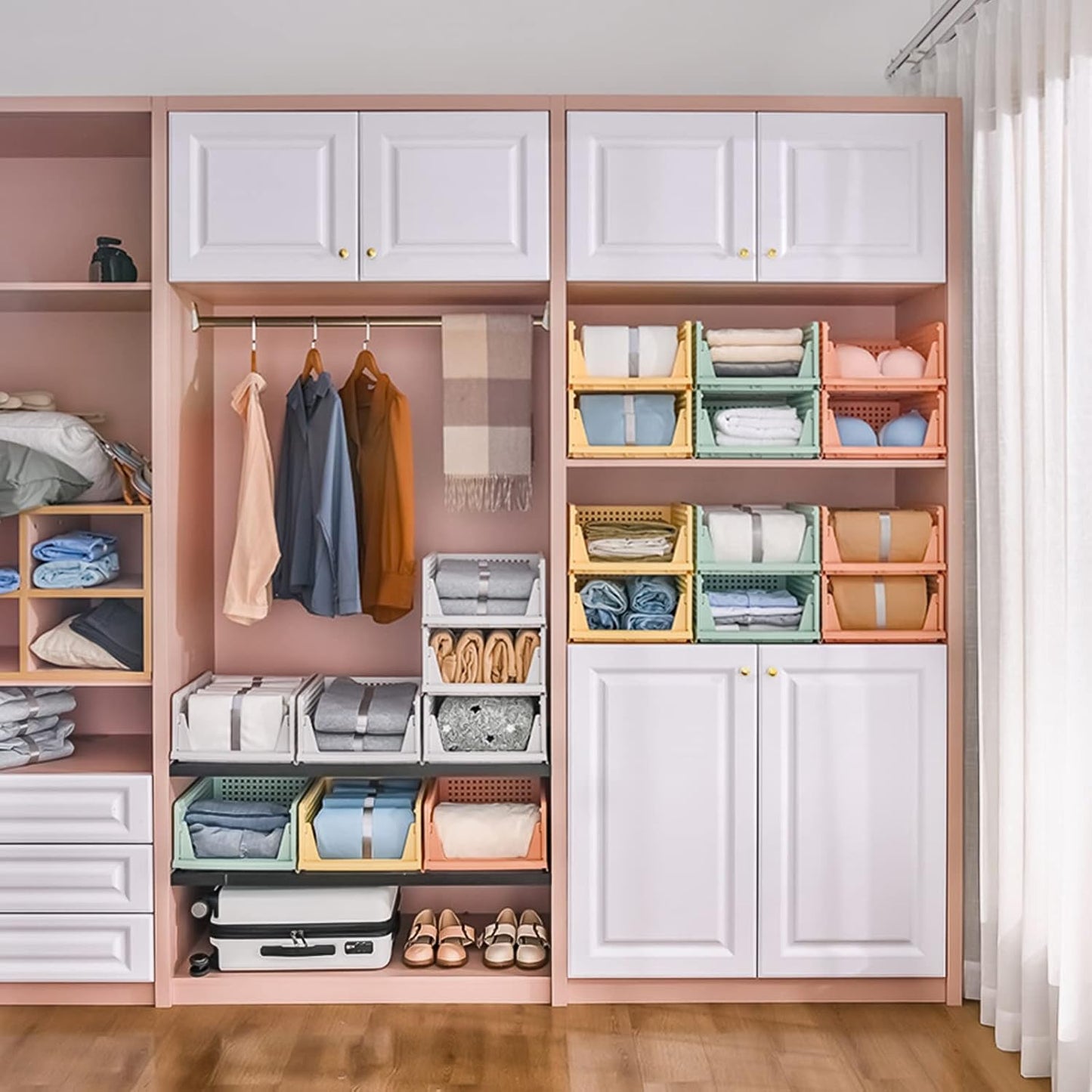 CTSNSLH 5 Pack Closet Organizers Storage Box, Closet Storage Stackable Storage Bins, Plastic Drawer Basket for Wardrobe Cupboard Kitchen Bathroom Office, White