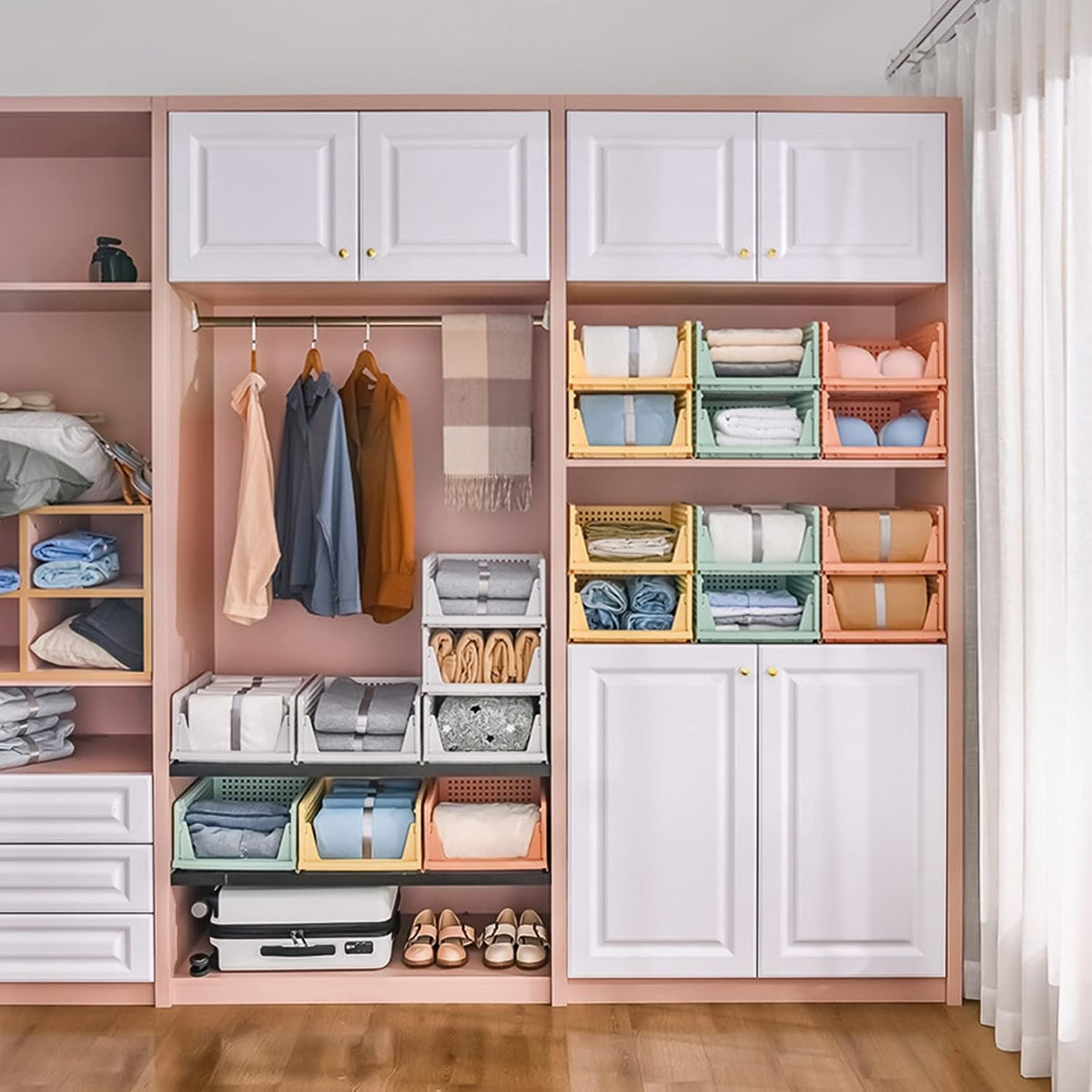 CTSNSLH 5 Pack Closet Organizers Storage Box, Closet Storage Stackable Storage Bins, Plastic Drawer Basket for Wardrobe Cupboard Kitchen Bathroom Office, White