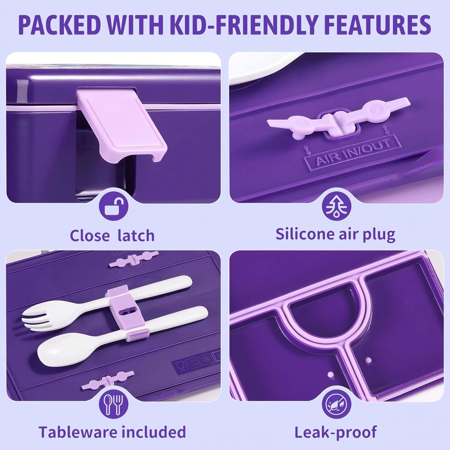 rockpapa Chill Bento Box for Kids- Large 5.5 Cups Lunch Box with Ice Pack - 5 Compartments, BPA-Free, Leak Proof, with Utensils & Portable Handle, Microwave/Dishwasher Safe (Purple Butterfly)