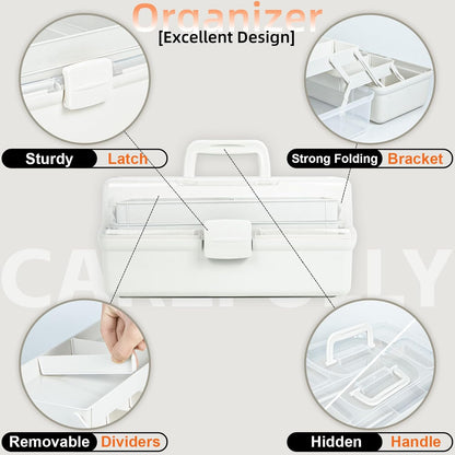 TERGOO 12.5in 3-Layer Multipurpose Craft Organizers and Storage with Adjustable Dividers, Portable Tackle Box, Folding Art & Craft Case for Medicine, Tool, Sewing Organizer (White)