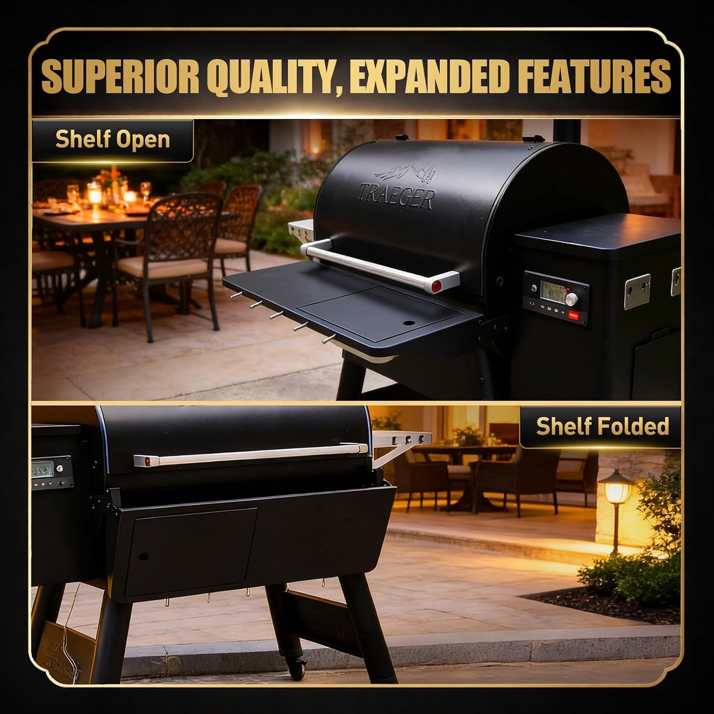 QuliMetal Folding Front Shelf for Traeger Pro 34, Texas Elite 34, Century 885 and Eastwood 34, 37" x 12" Heavy-Duty Grill Prep Table with Cutting Board, Stainless Steel Basin, Lid and 5 Hooks