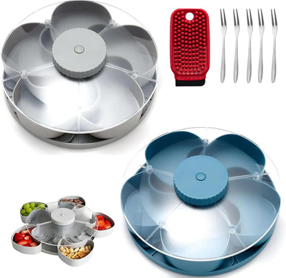 Divided Serving Tray That Spins – Perfect for Snacks, Dips & Party Appetizers, Portable Rounded Veggie Tray with Rotating Cover, Rotating Snack Box Container with Lid (Pink)