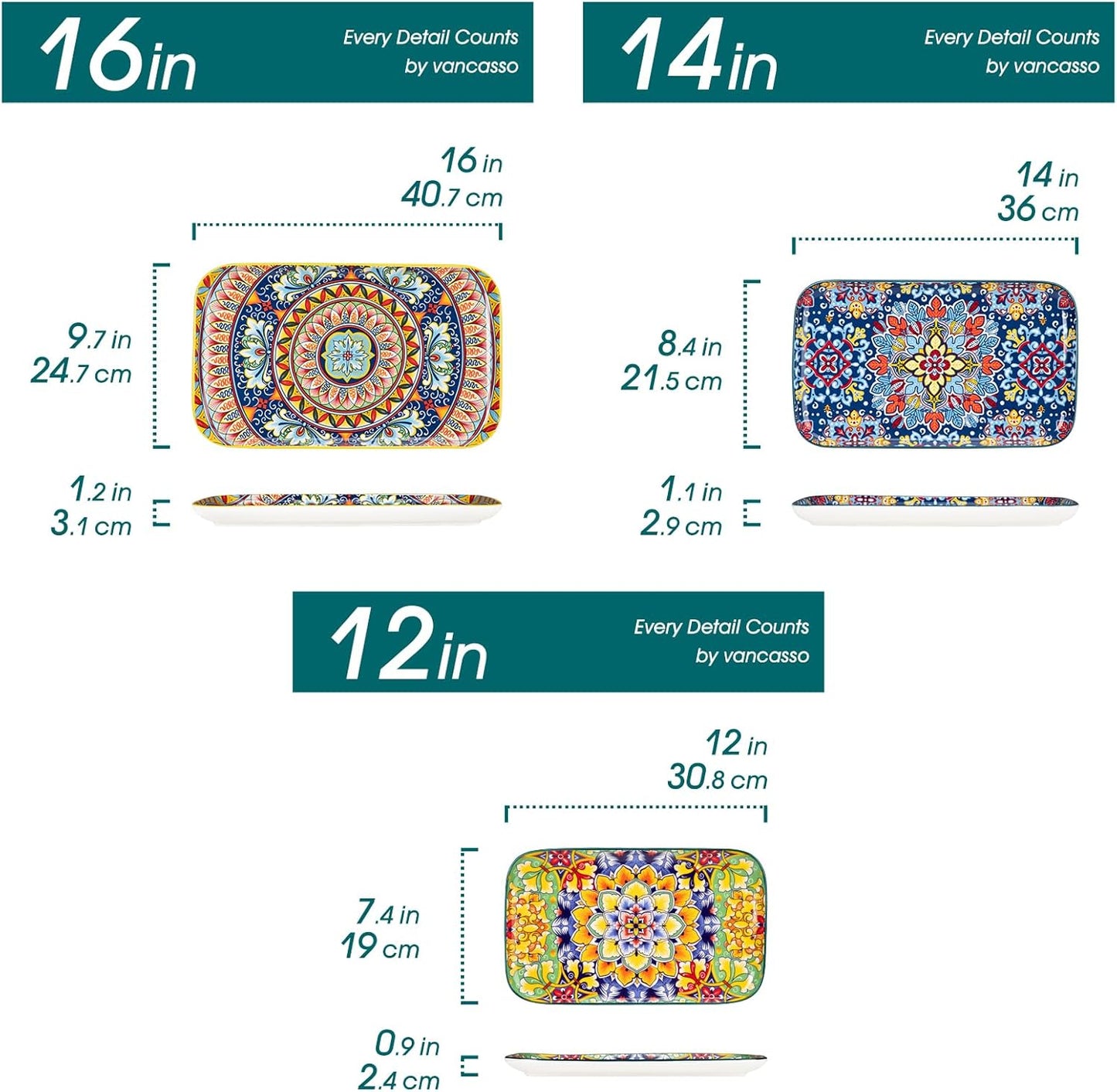 vancasso Serving Platters Set of 3, 16"/14"/12" Inch Rectangular Trays - Serving Platter Extra Large, Ceramic Bohemian Serving Dish for Entertaining Food, Microwave & Dishwasher Safe, Colorful