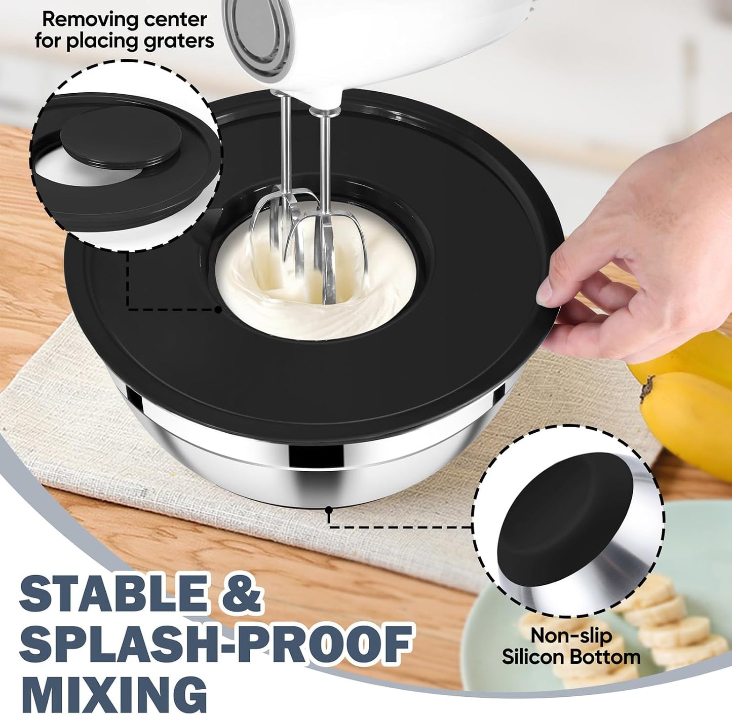 E-far 25PCS Mixing Bowls with Lid Set, Stainless Steel Nesting Prep Bowls with Grater Attachments Non-Slip Bottoms for Cooking, Serving, Food Storage, 4.6/2.6/2/1.5/1/0.7QT - Khaki