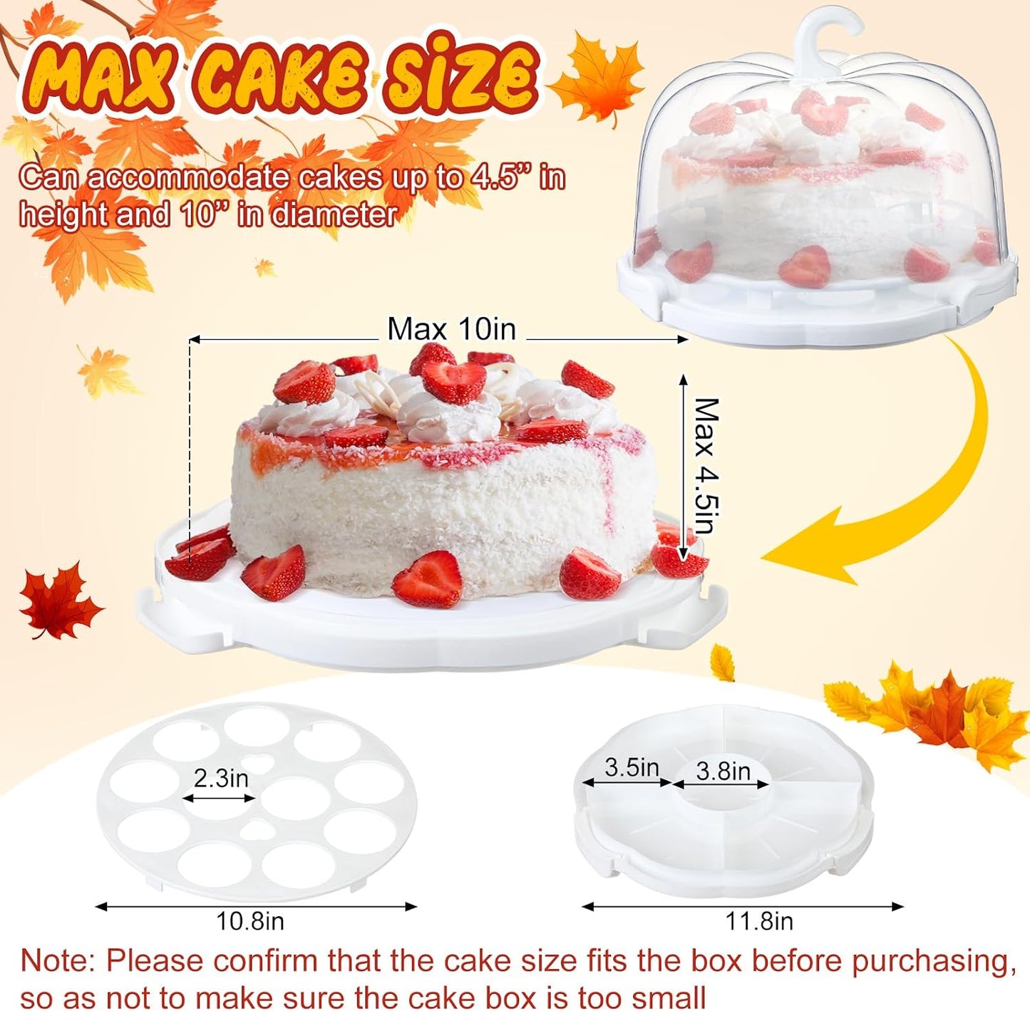 Zhehao 10 Inch Fall Cake Carrier Holds, Pumpkin Cake Stand with Lid and Handle, Halloween Autumn Harvest Plastic Transport Storage Container, Suitable for Transporting Pies, Cupcakes and More(White)