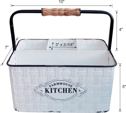 CVHOMEDECO. Rustic Distressed Metal Silverware Organizer Utensil Caddy, Flatware holder, Tabletop Organizer, Enamel Finish with Wood handle and 4 Compartments, White