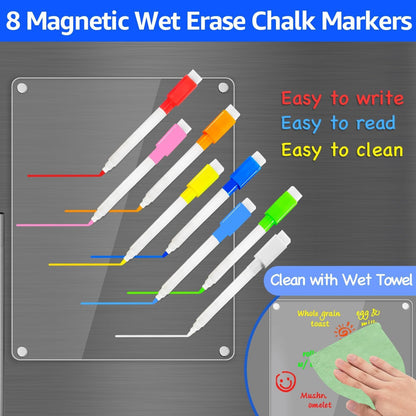 PigPotParty Acrylic Magnetic Chore Chart for Adults, 12x9.5 Inch Clear Dry Erase Chore Board for Fridge, Daily Weekly and Notes Sections, Pre-Installed Embedded Magnets, 8 Fine-tip Markers and Towel
