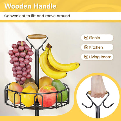 PouHenier.jh 3 Tier Rotating Fruit Basket Bowl, Kitchen Counter Wire Produce Organizer Holder, Stable Vegetable Storage Stand with 2 Banana Hangers, Countertop Tiered Veggie Rack, Easy Setup, Black