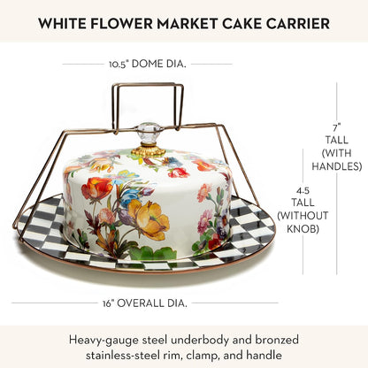 MACKENZIE-CHILDS Cake Carrier, Cake-Dish Serving Platter with Lid and Handles, White Flower Market with Black-and-White Courtly Check