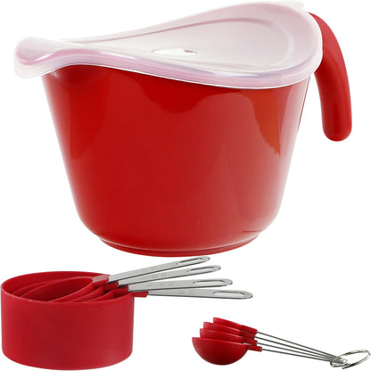 Batter Bowl With Pour Spout, Non-Slip Base,Space Saving Detachable Handle with Lid, Mixing with Measuring Spoons and Cups 2 QT Heavy Duty BPA-Free Microwave & Dishwasher Safe (Turquoise)