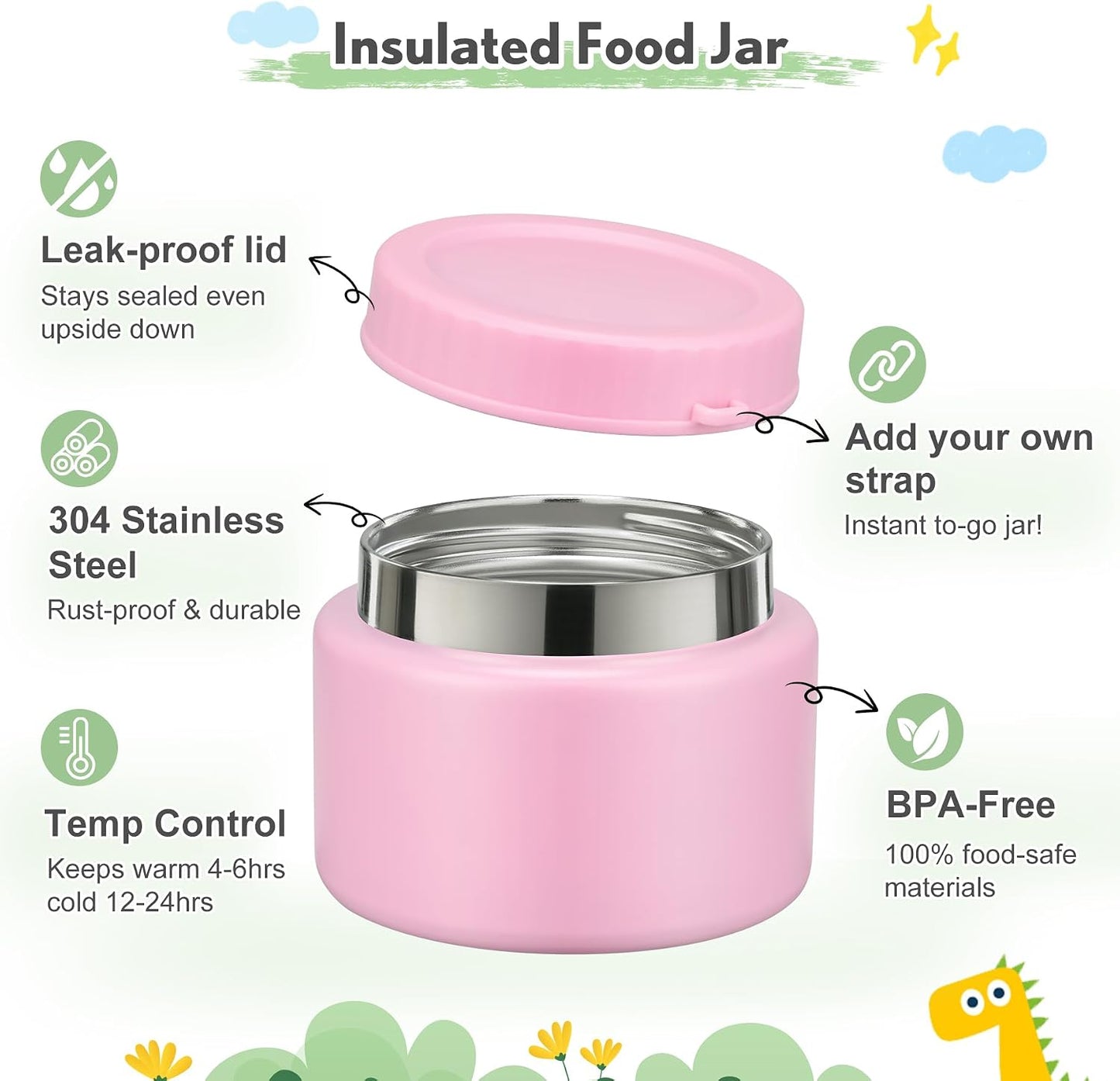 Lunch Box Kids with 5 Compartments, Insulated Food Jar & Utensils, Leak Proof Bento Box with Sauce Container, BPA-Free & Dishwasher Safe, Dinosaur Design(Purple)