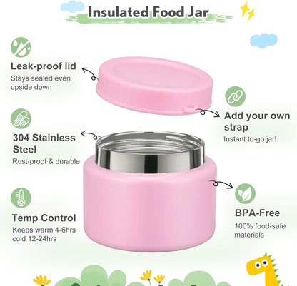 Lunch Box Kids with 5 Compartments, Insulated Food Jar & Utensils, Leak Proof Bento Box with Sauce Container, BPA-Free & Dishwasher Safe, Dinosaur Design(Purple)