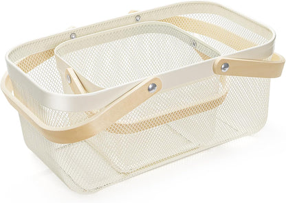 ZEAYEA 2 Pack Harvest Basket with Handle, Garden Baskets for Gathering Vegetables, Multi-functional Metal Mesh Fruit Basket, White Mesh Storage Basket for Picnic Kitchen Garden Cabinet Pantry Bathroom