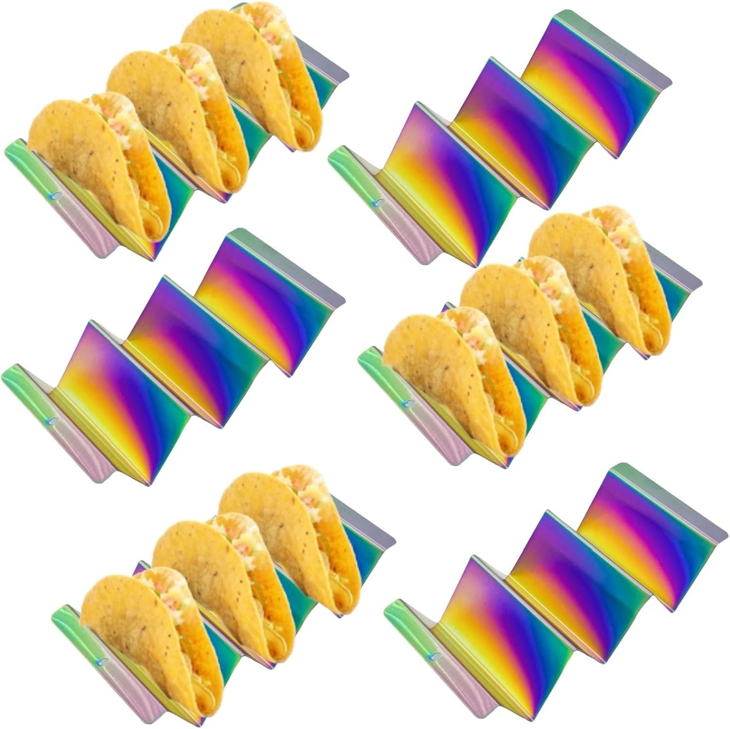 Gold Taco Holder Stand with Handles for Party, Set of 6 Stainless Steel Taco Tray, Rack Holds Up to 3 Tacos Each Stackable storage, Dishwasher Oven safe