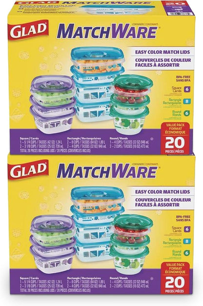 Glad GladWare MatchWare Food Storage Containers with Lids, BPA Free Reusable Plastic 20 Piece Variety Pack for Lunches, Meal Prep, and Leftovers, Leak Resistant, Microwave and Dishwasher Safe