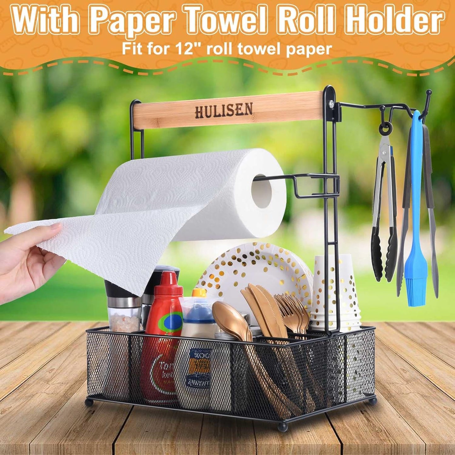 HULISEN Grill Caddy for Outdoor Grill, BBQ Caddy with Paper Towel Holder for Plates, Silverware, Utensils - Picnic & Barbeque & Camping Essentials Accessories for Tailgating, Camper, RV, Backyard