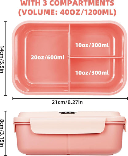 Fanhaw 40 Oz/5 Cup Bento Box for Kids, Men and Women, Lunch Box with 3 Compartments, Utensil, Microwave & Dishwasher Safe (Green)