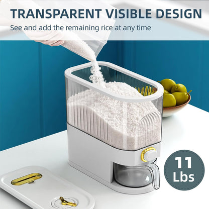 Rice Dispenser,22Lbs-25Lbs Rice Container with Measuring Cup, Upgraded Lid Time Dials & Built-in Fresh Box Rice Container Storage for Home Kitchen Pantry Stores Rice - White Capacity 22Lbs-25Lbs