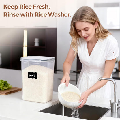 ComSaf Rice Container Set of 2(9.5L/10Qt), Large Airtight Food Storage Containers with Lid and Rice Washer, Plastic Canisters Sets for The Kitchen, Pantry Organizers for Flour, Cereal and Cooking
