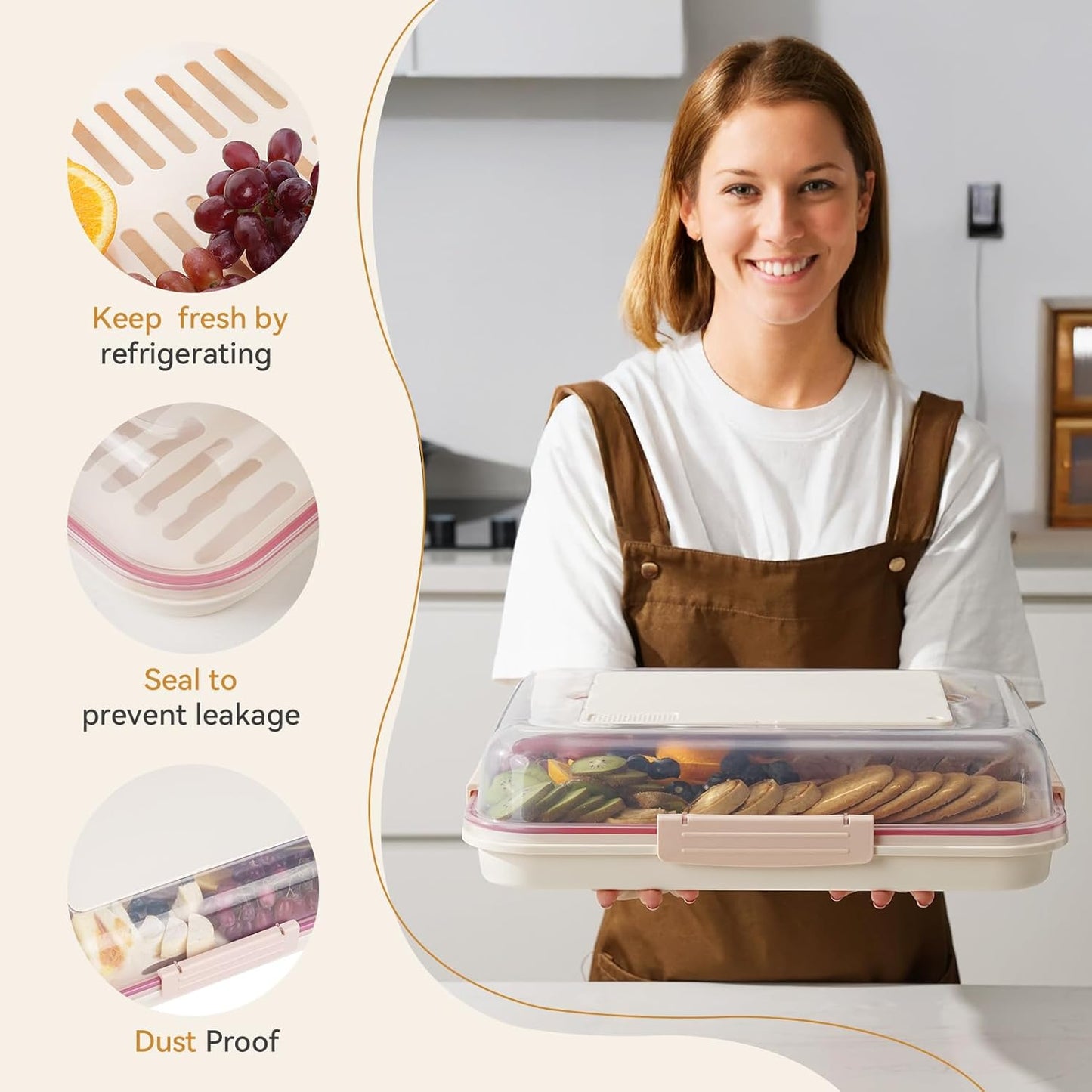 Food Storage Container with Cutting Board Lid, Snack Tray with Ice Pack Compartment & Removable Divider (Cream)
