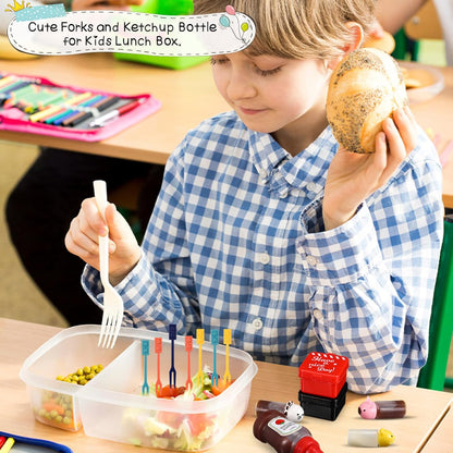50 Pcs Kids Bento Box Accessories Including Food Picks Mini Condiment Bottles Ketchup Squeeze Bottles, Mini Soy Sauce Container with Funnel for Kids School Bento Camping Office Accessories (Animal)